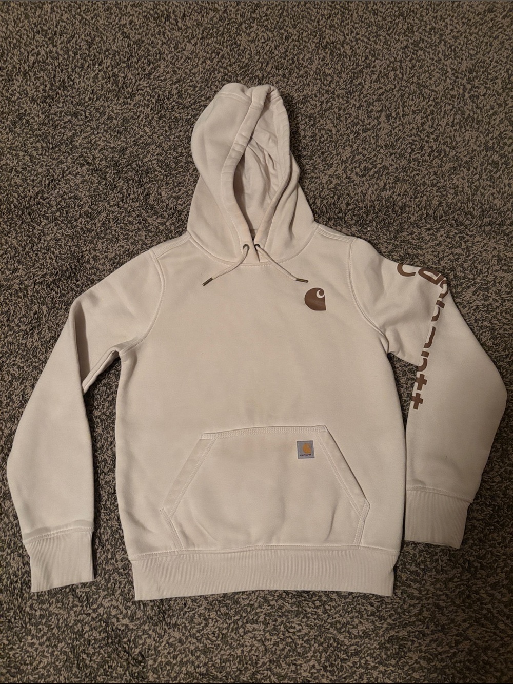 Carhartt Women’s Cream Hoodie with Brown Logo Sleeve